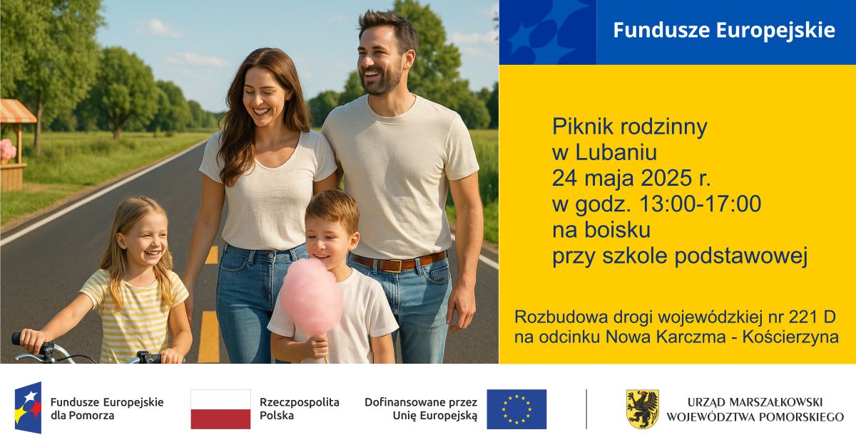 Rodzina z dwójką dzieci spaceruje po drodze w słoneczny dzień. Chłopiec trzyma watę cukrową, dziewczynka prowadzi rower. Po prawej stronie znajduje się plansza informacyjna o wydarzeniu: 