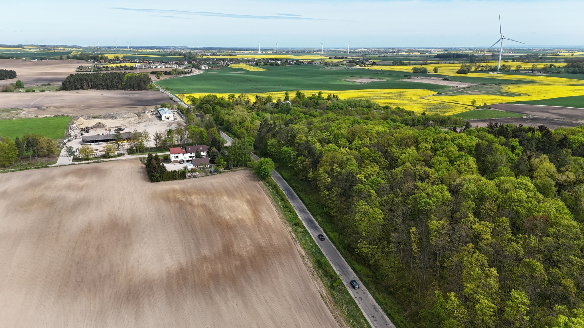 Widok z lotu ptaka na drogę wojewódzką nr 230, biegnącą wzdłuż zielonego lasu i pól uprawnych. Po lewej stronie widać zabudowania mieszkalne i gospodarstwo, dalej rozciągają się zielone i żółte pola rzepaku. W oddali widać wieś Rajkowy oraz wiatraki energetyczne.